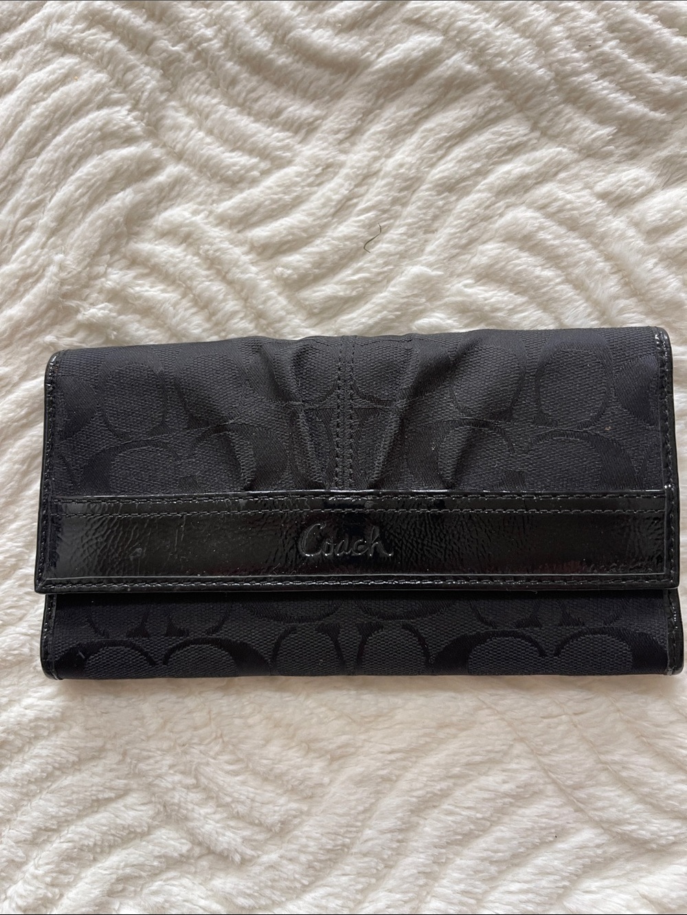 Coach Black Signature Jacquard Fold Wallet with Patent Trim